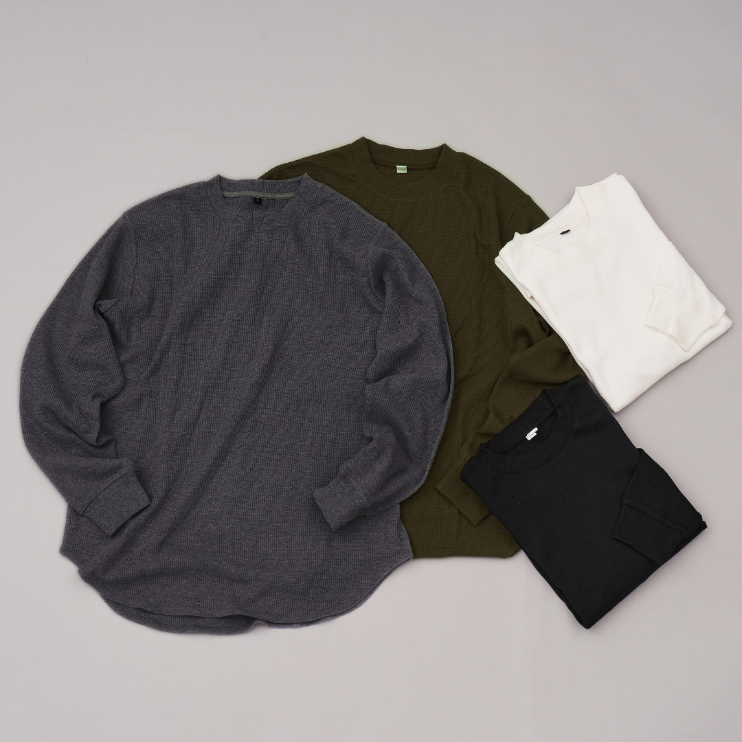 ワッフルクルーネック長袖Tシャツ