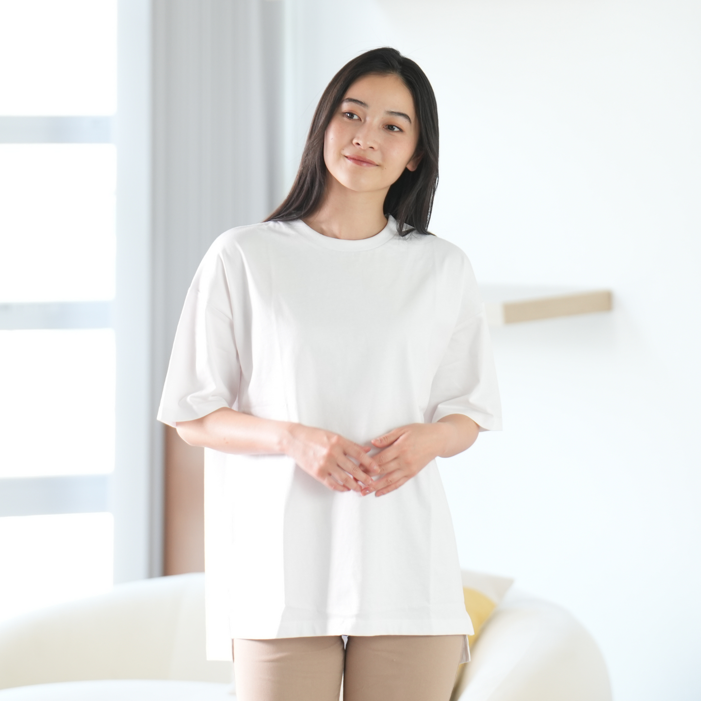 WOMEN 綿100%ワイドスリットTシャツ