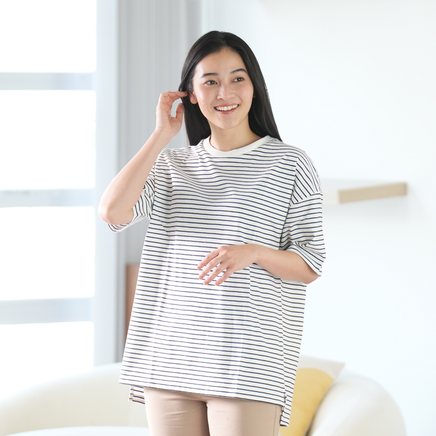 WOMEN 綿100%ワイドスリットTシャツ