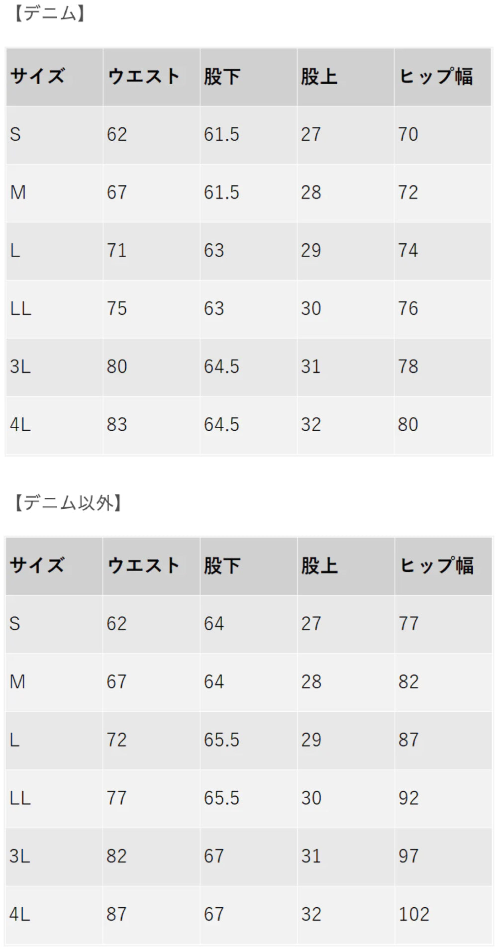 サイズチャート
