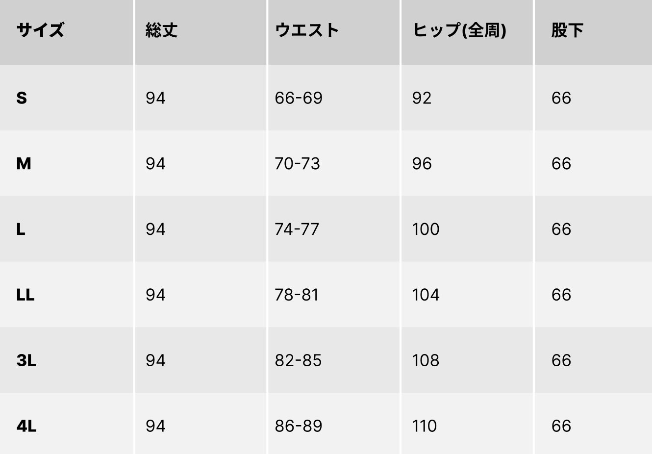 サイズチャート